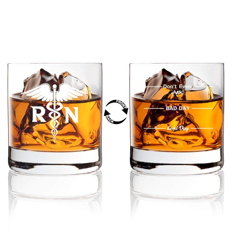 AGMDESIGN, Funny Double sided Good Day Bad Day Don't Even Ask RN Registered Nurse Whiskey Glasses, Registered Nurse Graduate Gift, Great Gift for Nurses, RN, or Nursing Graduation - Image 1
